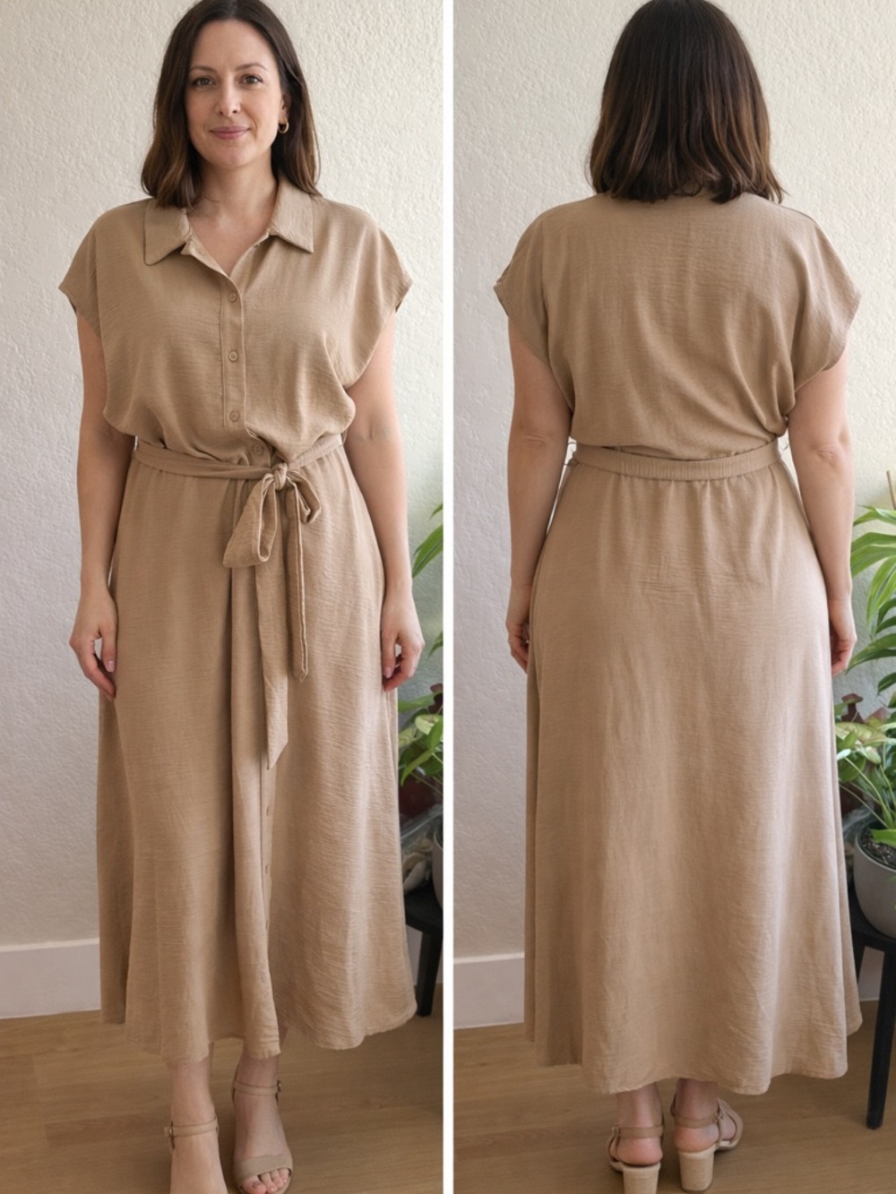 Nina Leonard Tan Button-Front Maxi Shirt Dress with Tie Waist